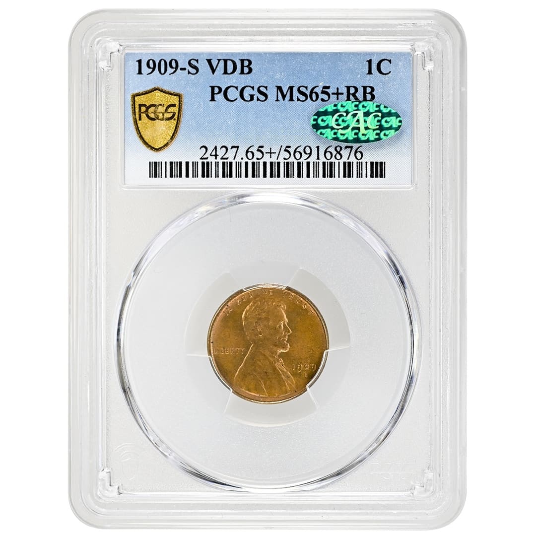 PCGS MS65+RB CAC 1909-S VDB Lincoln Wheat Cent Rare Key Date: PCGS MS65+RB CAC 1909-S VDB Lincoln Wheat Cent Rare Key Date This is a 1909-S VDB Lincoln Cent featuring the Wheat Reverse, a rare and highly sought-after key-date in the Lincoln Cent series. Certifie