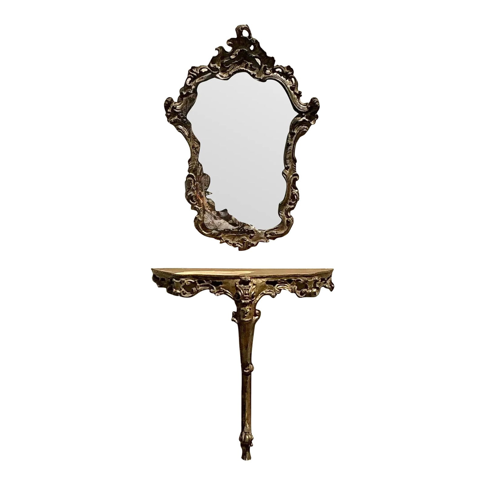 Vintage Italian Rococo Gilt Mirror and Demilune Console Set: Vintage Italian Rococo Gilt Mirror and Demilune Console Set This exquisite vintage Italian set includes an ornately carved gilt mirror and a matching demilune console table, showcasing the timeless el