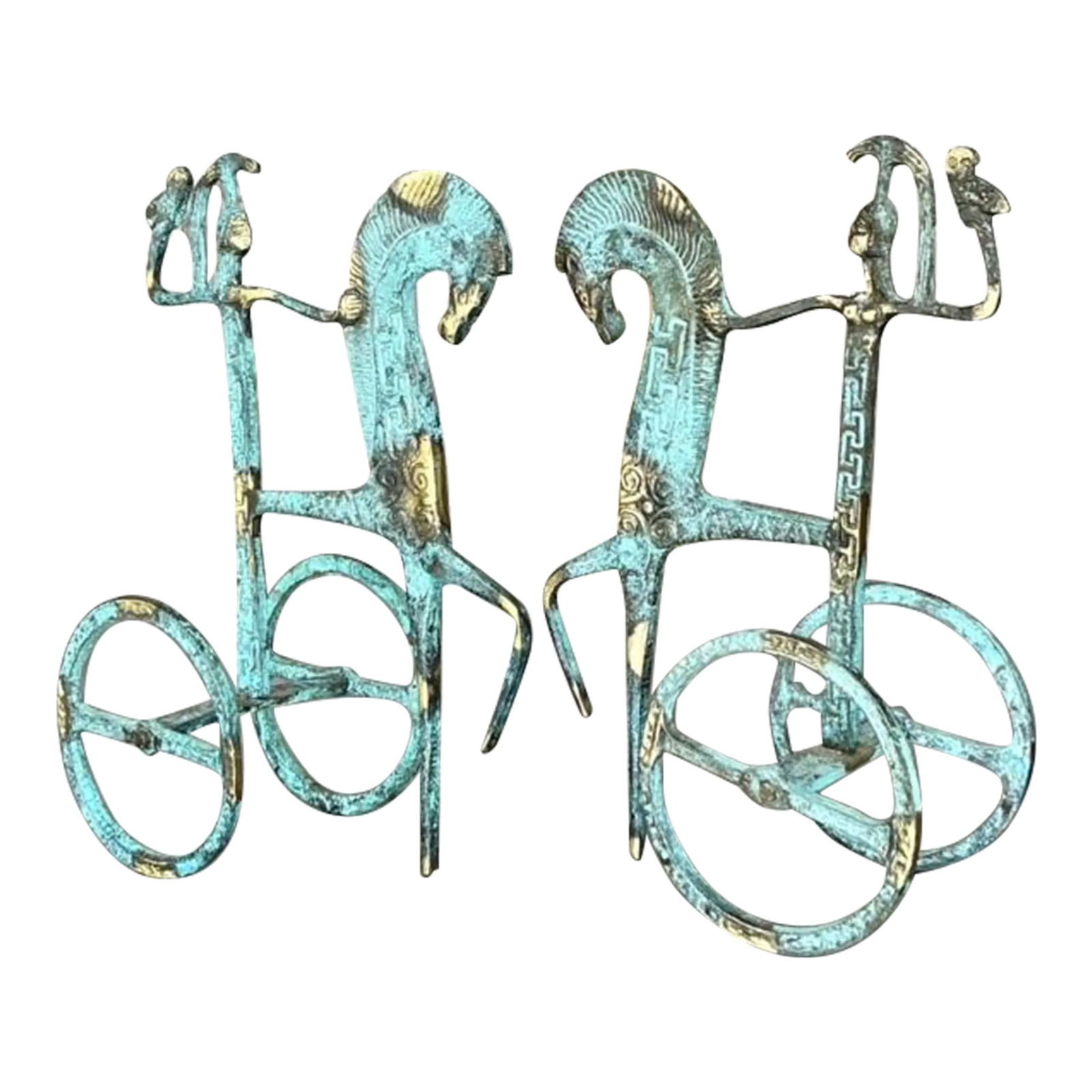 Vintage Regency Etruscan Metal Soldiers on Horseback Pair Verdigris Finish: Vintage Regency Etruscan Metal Soldiers on Horseback Pair Verdigris Finish Embrace the charm of history with this pair of Vintage Regency Etruscan Soldiers on Horseback. This exquisite artwork showcas