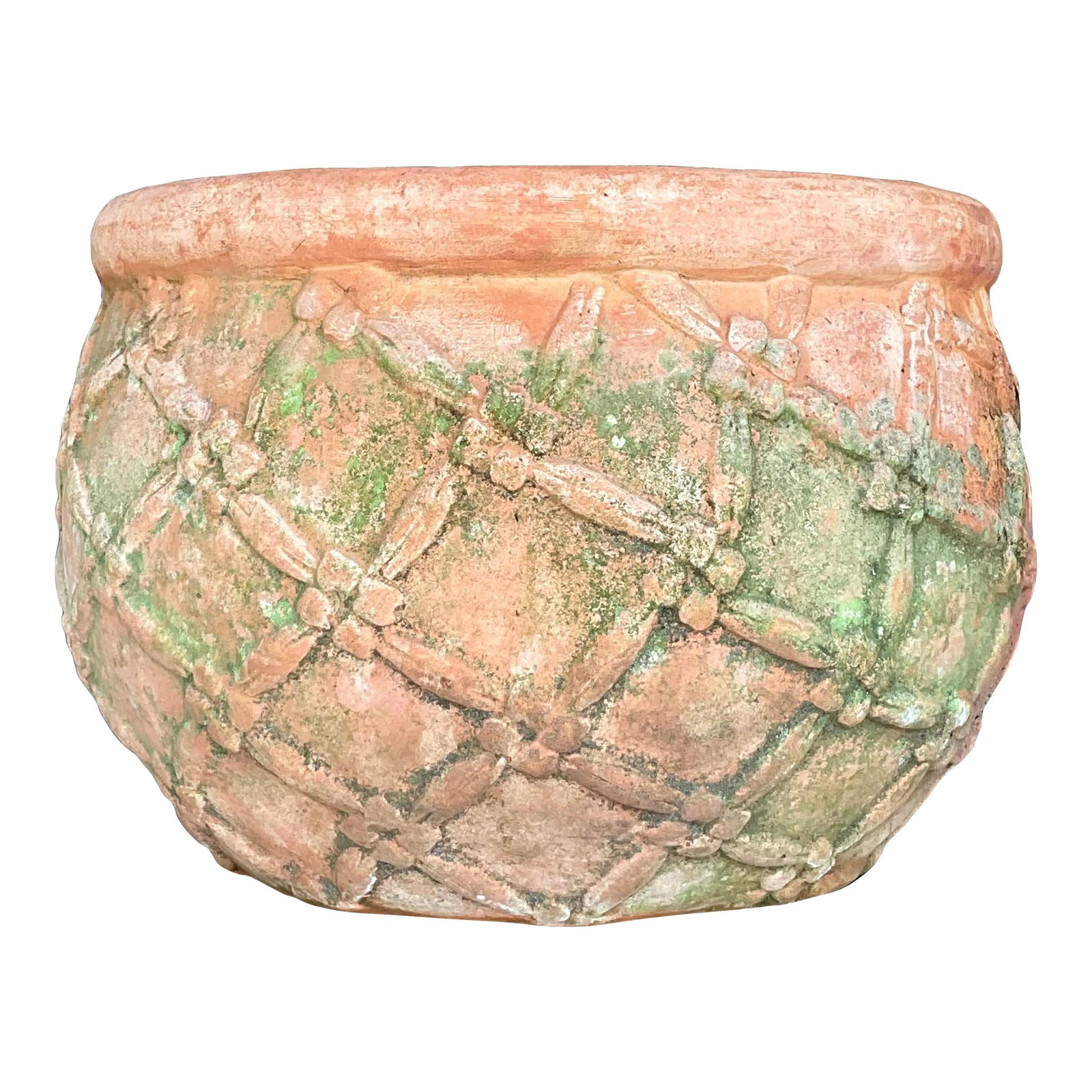 Vintage Boho Trellis Terracotta Planter 14.5x14.5x11.5: Vintage Boho Trellis Terracotta Planter 14.5x14.5x11.5 This Vintage Boho Patinated Trellis Terracotta Planter features a beautifully weathered finish and an intricate trellis design, making it a charm
