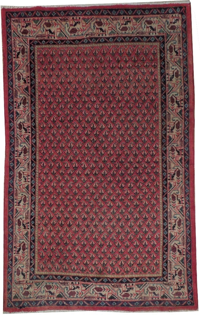 4'5" x 7' Darkish Pink Semi-Antique Persian Mir Rug Handmade Wool: 4'5" x 7' Darkish Pink Semi-Antique Persian Mir Rug Handmade Wool Free continental US Shipping Introducing the exquisite 4' 5" x 7' Darkish Pink Semi-Antique Persian Mir Rug, a stunning piece that mar