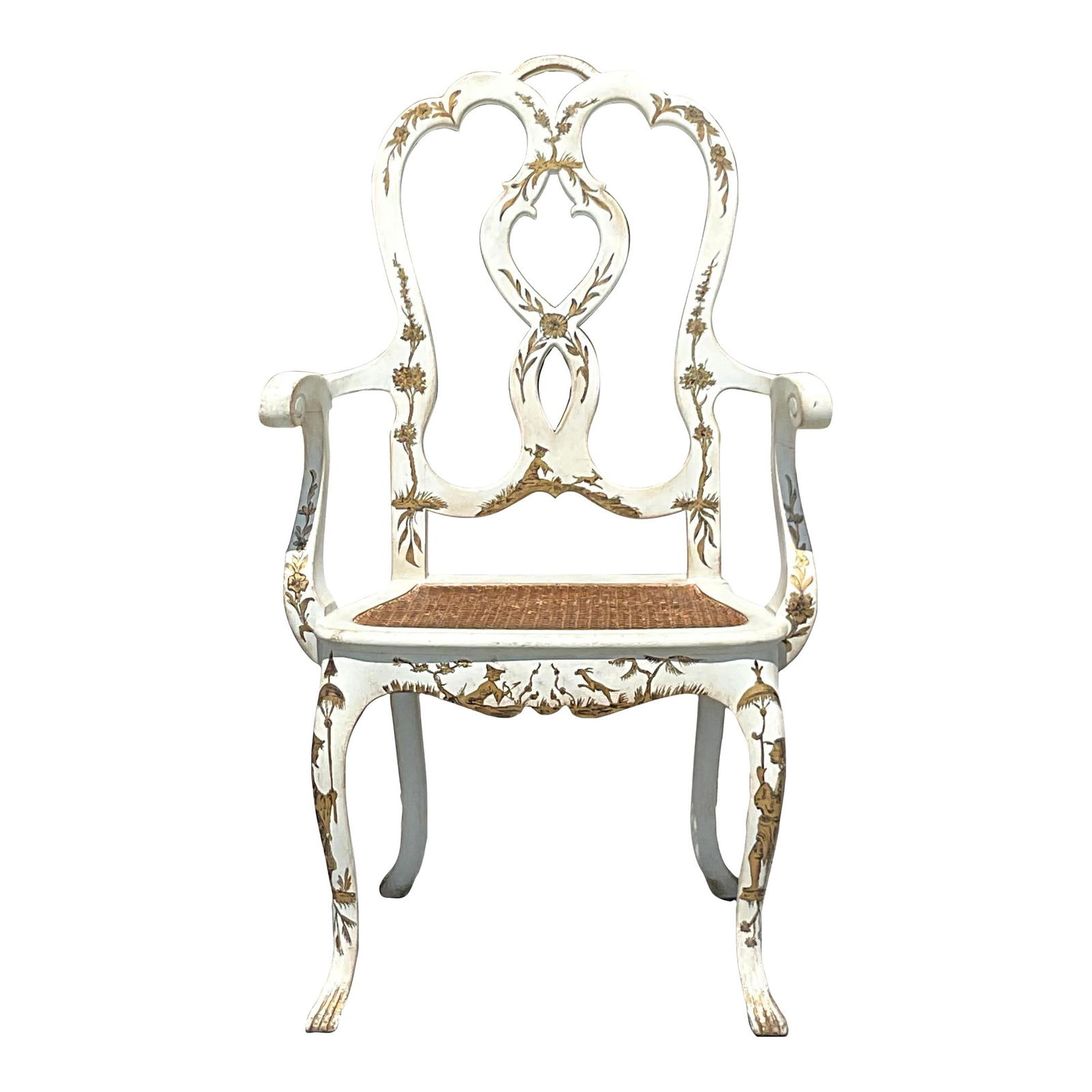 Vintage Regency Chinoiserie Chippendale Arm Chair Off-White: Vintage Regency Chinoiserie Chippendale Arm Chair Off-White This exquisite vintage Regency arm chair showcases a stylish Chippendale frame adorned with hand-painted Chinoiserie details. Featuring an i