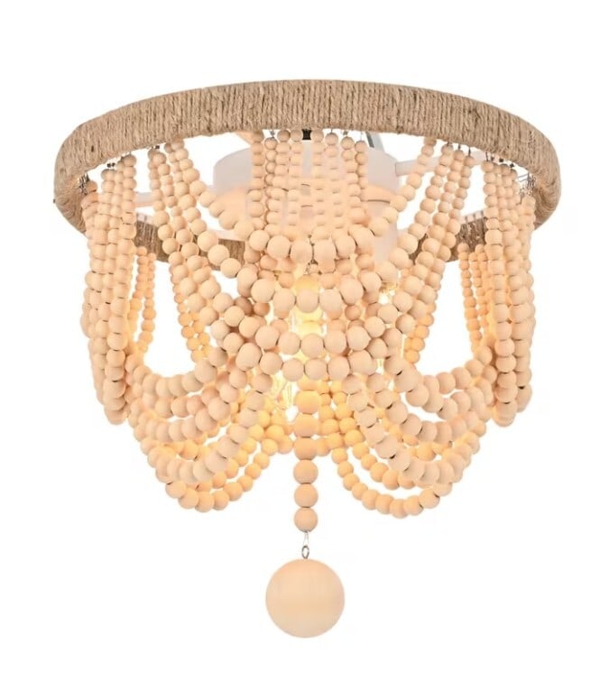 Living District Jolie 3-Light Flush Mount Chandelier Beige Wood Bead Rope (1 of 9)