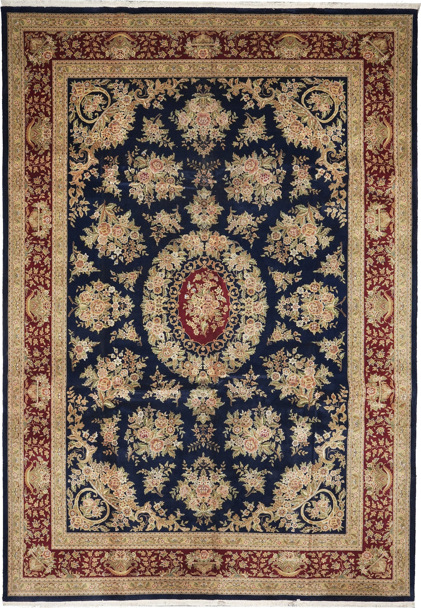 Handmade 10 x 14 Wool Silk French Floral Rug Dark Royal Blue: Handmade 10 x 14 Wool Silk French Floral Rug Dark Royal Blue Free continental US Shipping This exquisite handmade area rug features a stunning floral pattern in rich colors of deep navy, burgundy, gre