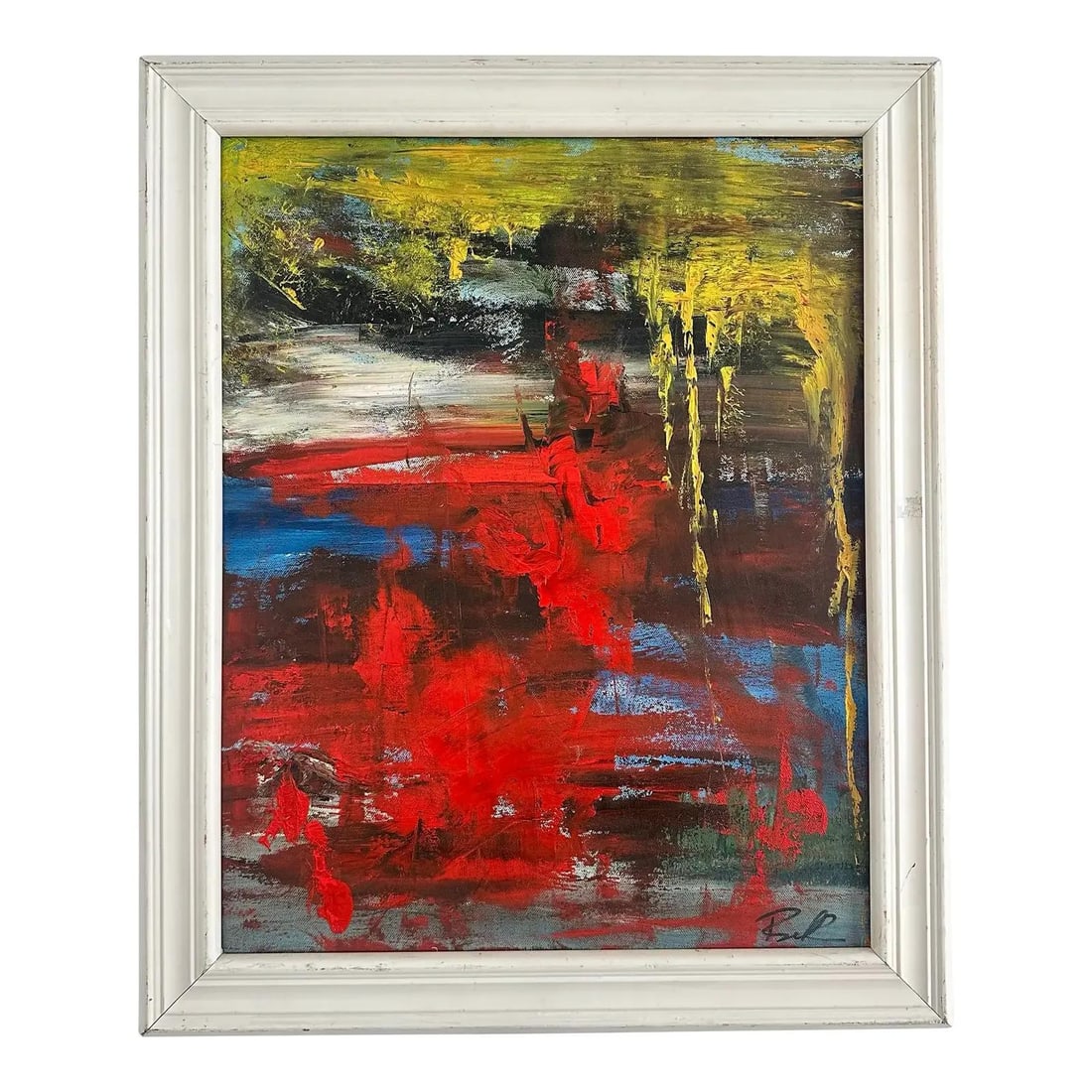 Abstract Oil Painting on Canvas with Bold Primary Colors Framed: Abstract Oil Painting on Canvas with Bold Primary Colors Framed This vintage Boho primary abstract oil painting on canvas features a dynamic composition with vivid red, yellow, and blue hues set again