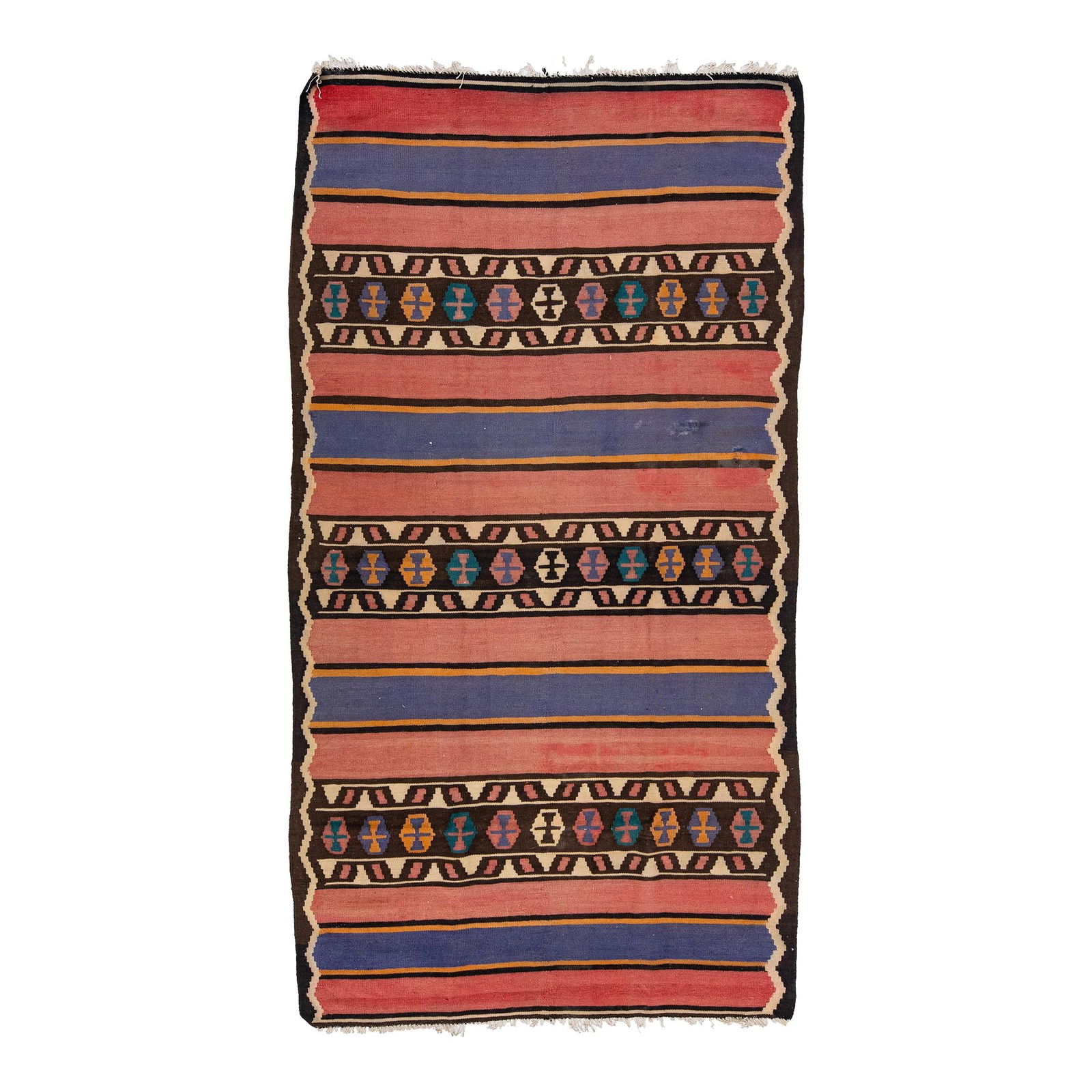 1960s Vintage Turkish Kilim Peach Tribal Wool Rug 5 x 9'6: 1960s Vintage Turkish Kilim Peach Tribal Wool Rug 5 x 9'6 This stunning vintage Turkish Kilim rug showcases a beautiful hand-knotted wool construction featuring a soft peach field. Surrounded by a bei