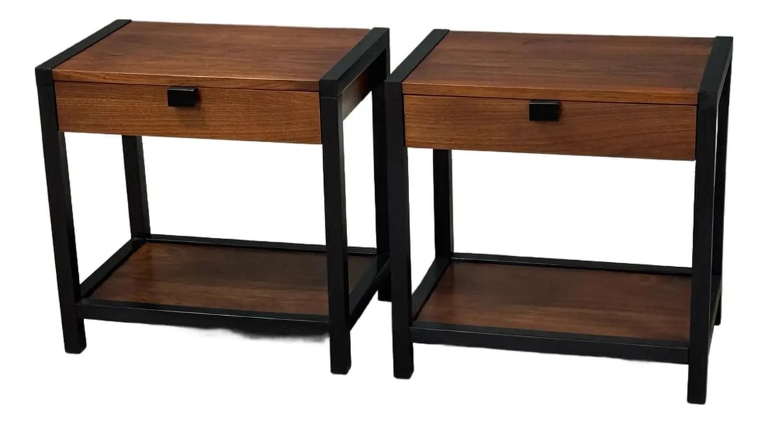 Mid Century Modern Walnut Nightstands by Milo Baughman Pair: Mid Century Modern Walnut Nightstands by Milo Baughman Pair This exquisite pair of mid-century modern walnut nightstands, designed by Milo Baughman for Directional, embodies the elegance of the 1950s.