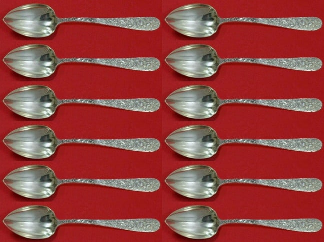 Stieff Rose Sterling Silver Grapefruit Spoon Set 12 Pieces Fluted: Stieff Rose Sterling Silver Grapefruit Spoon Set 12 Pieces Fluted Enhance your dining experience with this exquisite custom set of 12 grapefruit spoons, beautifully crafted in sterling silver by Stief