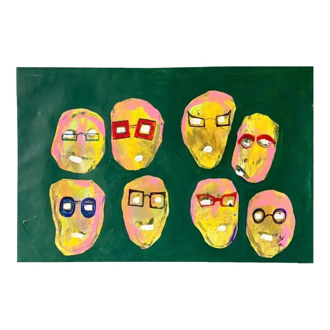 1971 Signed Olin Abstract Faces Oil on Canvas Painting: 1971 Signed Olin Abstract Faces Oil on Canvas Painting This vintage oil painting from 1971, signed by the artist Olin, showcases an abstract and playful depiction of faces, each highlighted with brigh