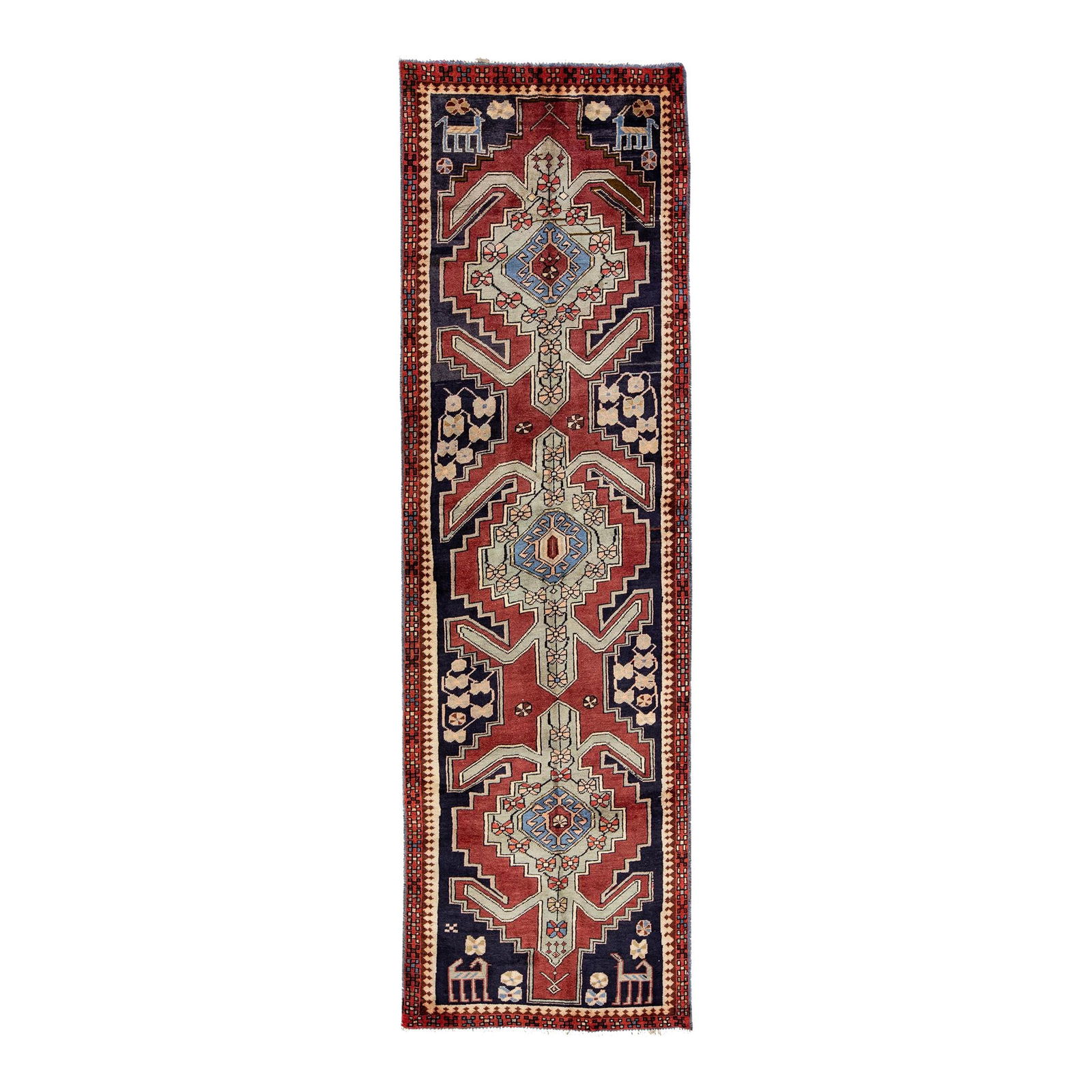 Handmade Vintage Persian Wool Runner Rug Red Geometric 3'3" x 10'7" (1 of 10)
