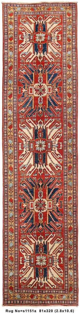 Long Autumnal Majesty Kazak Handmade Rug 2.8 x 10.6 ft Wool: Long Autumnal Majesty Kazak Handmade Rug 2.8 x 10.6 ft Wool Free continental US Shipping Enhance your living space with the exquisite Long Autumnal Majesty Kazak Handmade Rug, measuring 2.8 x 10.6 fee