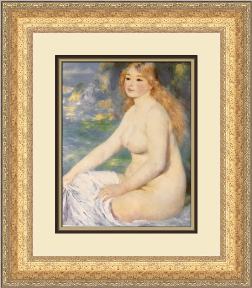 Pierre-Auguste Renoir Blonde Nude Bather Custom Framed Print 1984: Pierre-Auguste Renoir Blonde Nude Bather Custom Framed Print 1984 This stunning custom framed print features Pierre-Auguste Renoir's captivating work titled "Blonde Nude Bather," showcasing a nude fig