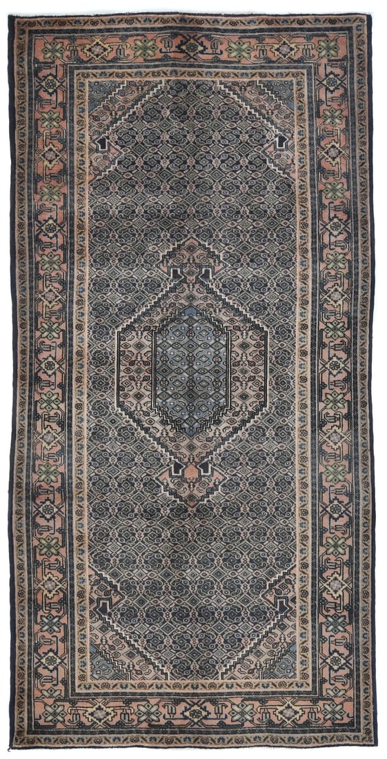 Hand-Knotted Vintage Oriental Rug 4'11 x 9'10 Geometric Wool: Hand-Knotted Vintage Oriental Rug 4'11 x 9'10 Geometric Wool This hand-knotted semi-antique Oriental rug features a beautiful traditional geometric design, perfect for enhancing any room's decor. Meas