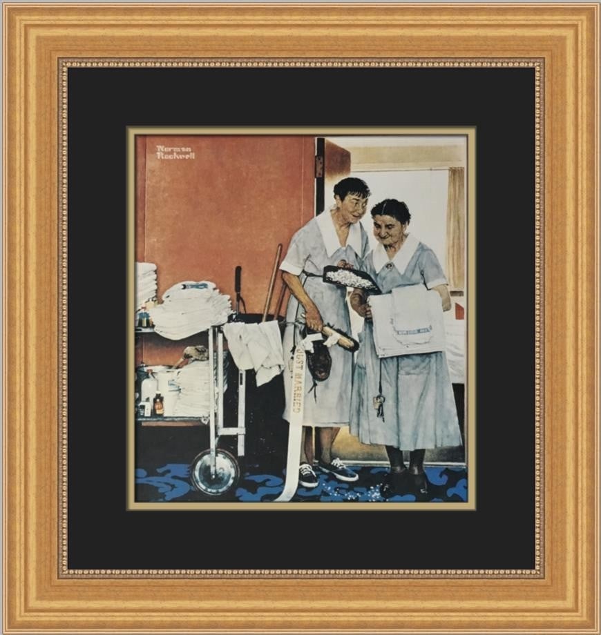 Norman Rockwell Bridal Suite Custom Framed Offset Lithograph Print: Norman Rockwell Bridal Suite Custom Framed Offset Lithograph Print This exquisite custom framed print features Norman Rockwell's iconic artwork titled "Bridal Suite," showcasing a classic Americana