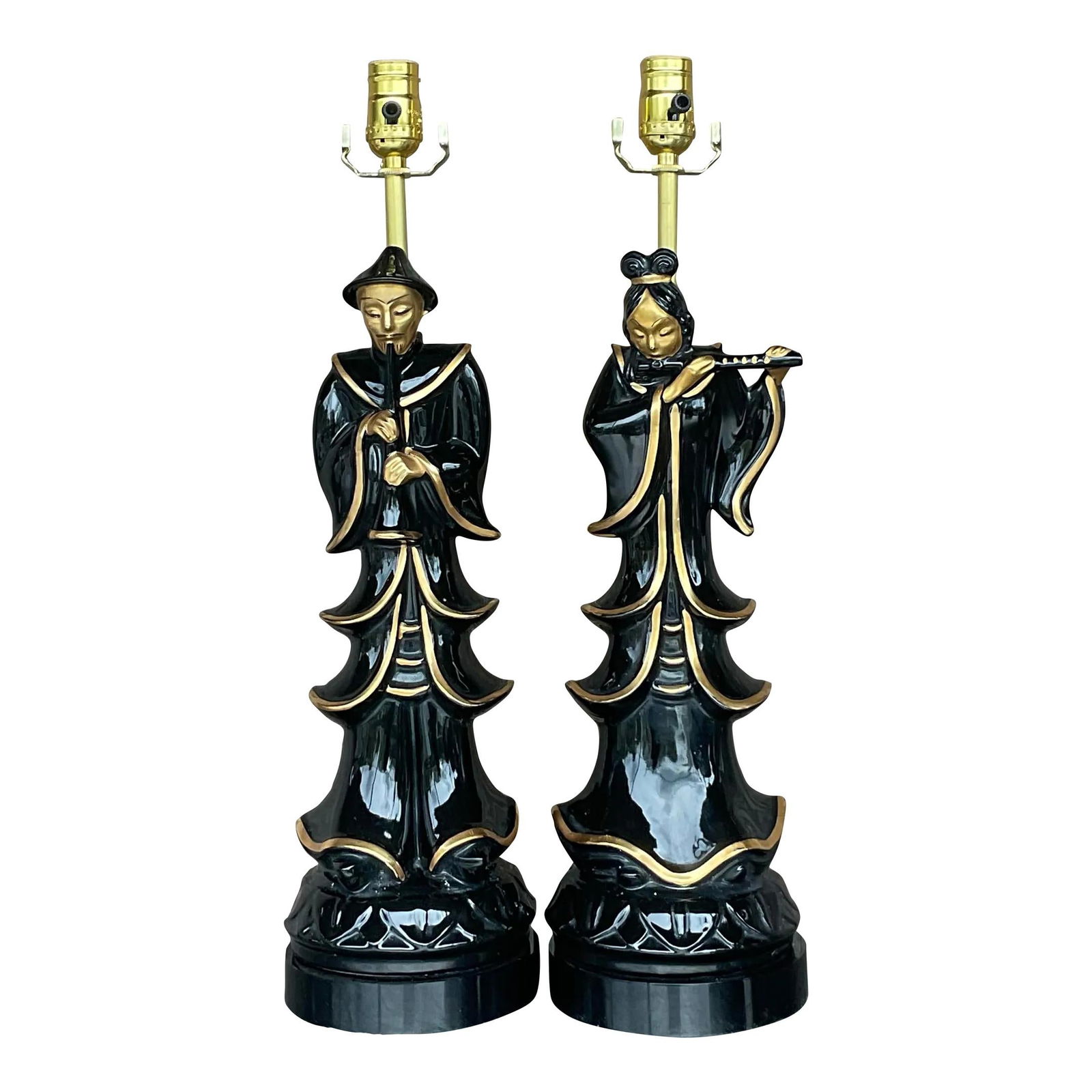 Vintage Asian Emperor Lamps Pair Black Glazed Ceramic Gilt Accents: Vintage Asian Emperor Lamps Pair Black Glazed Ceramic Gilt Accents Discover this exquisite pair of vintage Asian Emperor lamps, showcasing a glamorous design in sleek black glazed ceramic with gilt