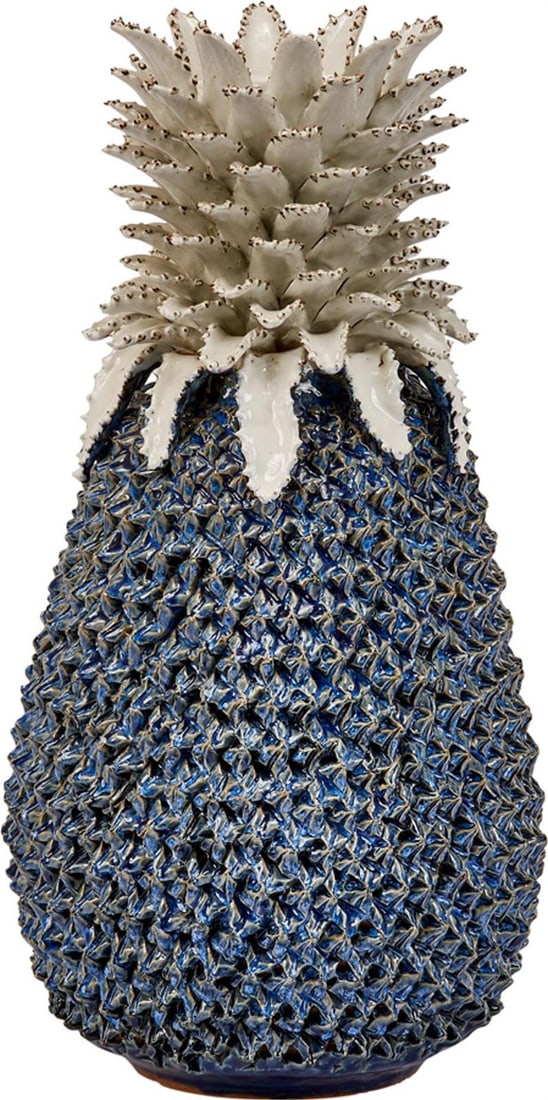 Handmade Thai Ceramic Vase with Pineapple Design 23H x 12W x 12D: Handmade Thai Ceramic Vase with Pineapple Design 23H x 12W x 12D This exquisite handmade blue ceramic vase features a charming pineapple motif, perfect for adding a touch of tropical elegance to any