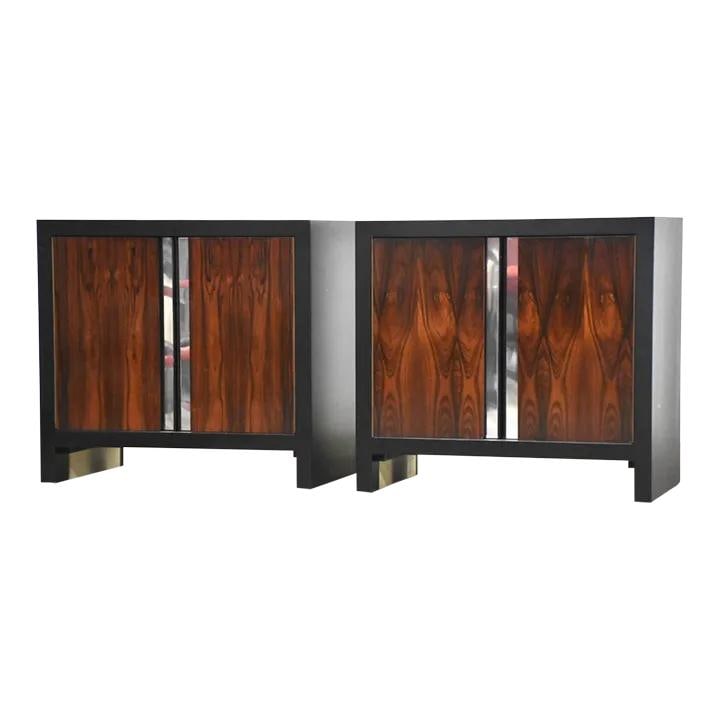 Pair of 1970s Mid Century Modern Rosewood Nightstands with Chrome Accents: Pair of 1970s Mid Century Modern Rosewood Nightstands with Chrome Accents This pair of 1970s nightstands embodies mid-century modern design, featuring stunning rosewood fronts paired with sleek black