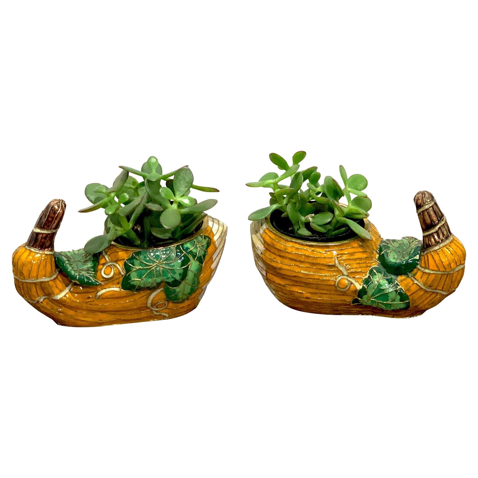 Set of 2 Chinese Export Enamel Gourd Cachepots Gold Plated Copper: Set of 2 Chinese Export Enamel Gourd Cachepots Gold Plated Copper Enhance your decor with this exquisite pair of Chinese Export enamel gourd cachepots. Crafted in the 1960s, each cachepot features a r