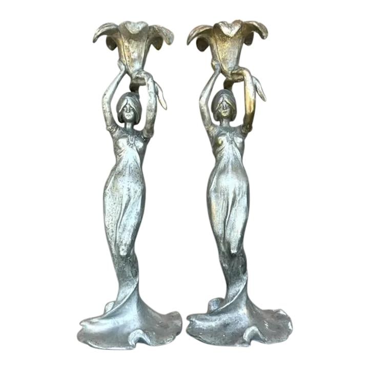 Pair of Vintage French Deco Candlesticks Inspired by Lucien Alliot: Pair of Vintage French Deco Candlesticks Inspired by Lucien Alliot Experience the allure of early 20th-century design with this exquisite pair of Vintage French Deco Candlesticks, inspired by the icon