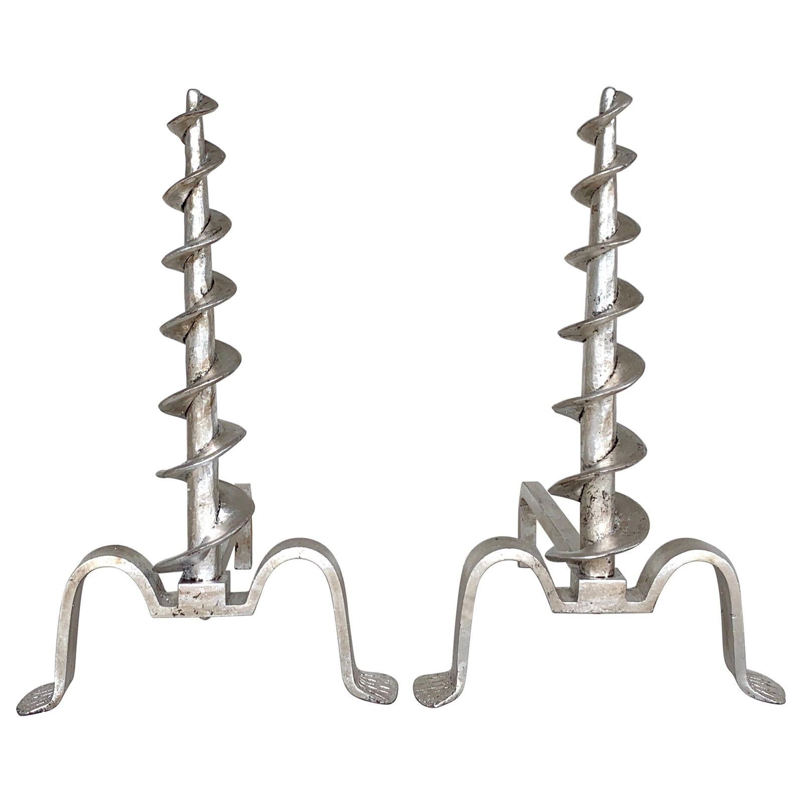 Set of 2 French Modern Silvered Iron Andirons 1950s: Set of 2 French Modern Silvered Iron Andirons 1950s This exquisite pair of French modern silvered iron andirons showcases a unique design, featuring tall spirals that rest on elongated pad feet. Craft