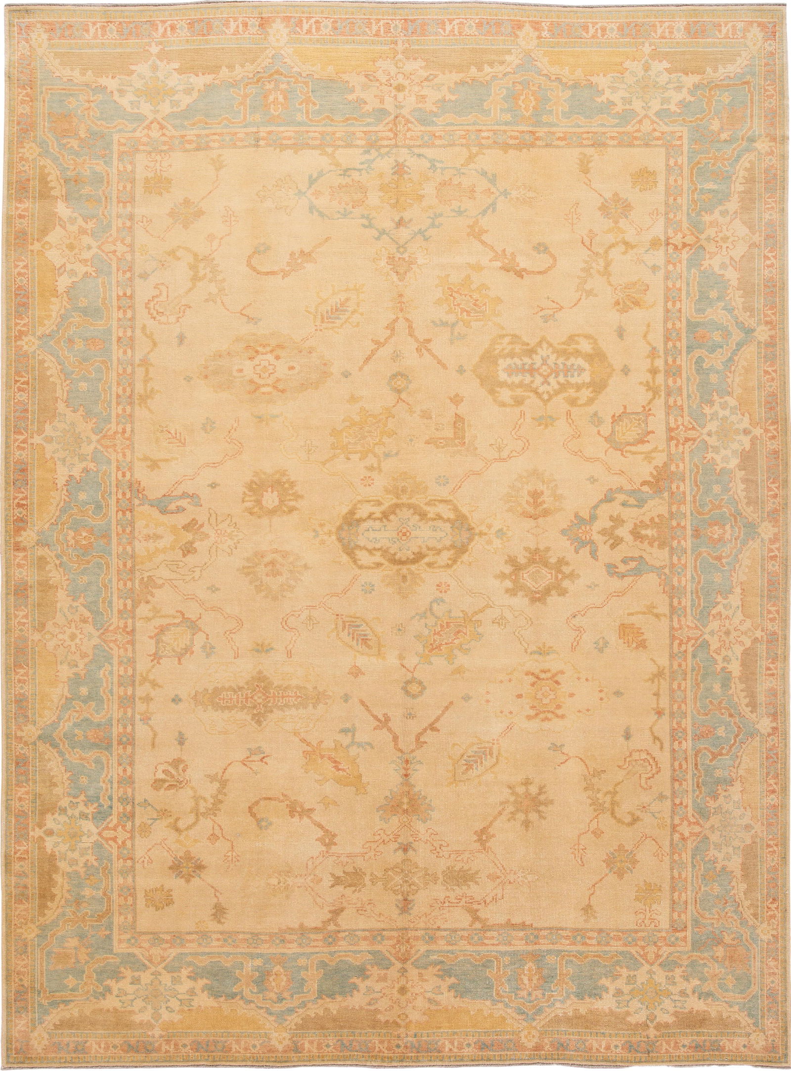 Vintage Turkish Oushak Hand Knotted Wool Rug 10'3 x 13'10 Tan Blue Accents: Vintage Turkish Oushak Hand Knotted Wool Rug 10'3 x 13'10 Tan Blue Accents Discover the elegance of this vintage Turkish Oushak rug, expertly hand-knotted from premium wool. With a warm tan field and