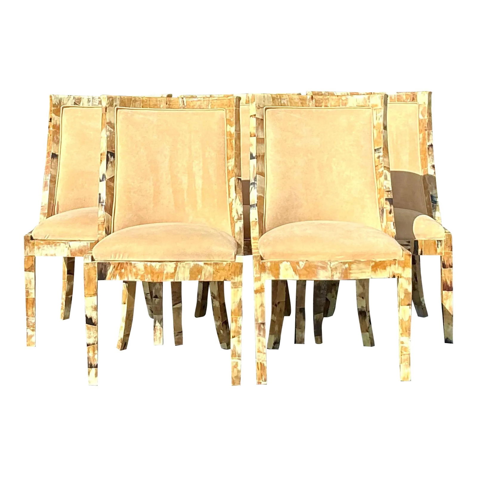 Set of 5 Vintage Boho Horn Dining Chairs with Camel Suede Upholstery: Set of 5 Vintage Boho Horn Dining Chairs with Camel Suede Upholstery Transform your dining area with this captivating set of five vintage boho horn dining chairs. Each chair features a unique horn ven