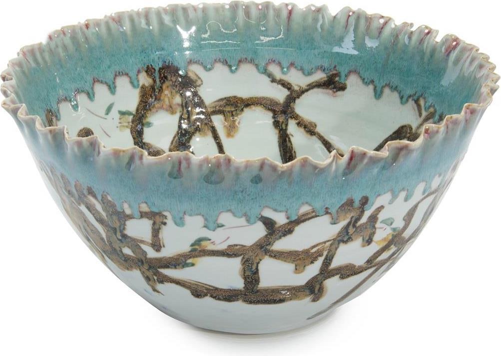John-Richard Profusion of Branches Porcelain Bowl 9H 17.5W 17.5D: John-Richard Profusion of Branches Porcelain Bowl 9H 17.5W 17.5D This stunning ruffled rim porcelain bowl is designed in an Asian antique style, showcasing a beautiful profusion of branches. Crafted w