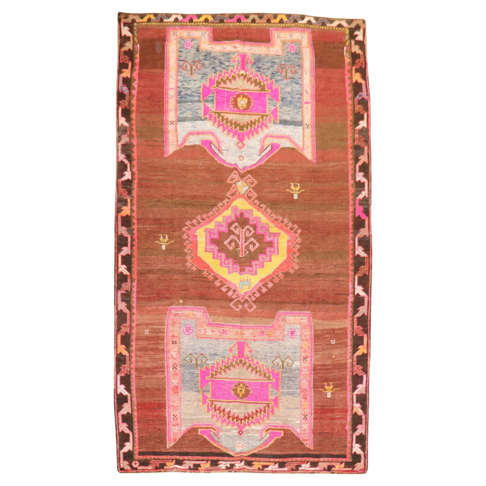 Vibrant Turkish Kars Gallery Rug Mid 20th Century Hand-Knotted Wool: Vibrant Turkish Kars Gallery Rug Mid 20th Century Hand-Knotted Wool Enhance your space with this vibrant mid-20th century Turkish Kars Gallery rug, expertly hand-knotted from high-quality wool. Featur