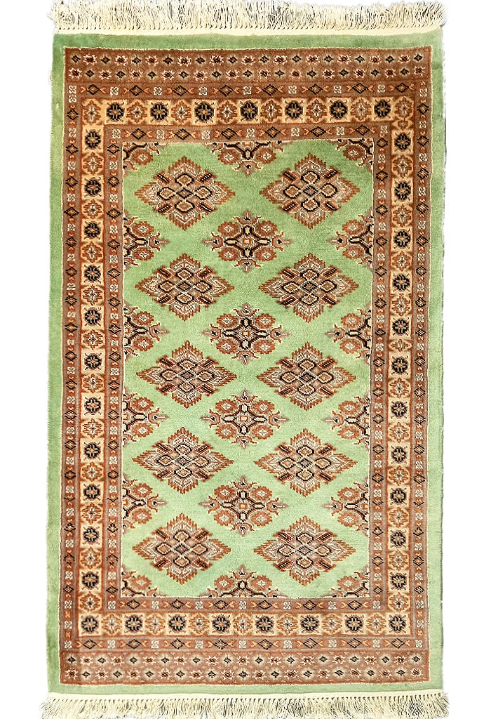 Handcrafted 2'7" x 4' Jaldar Bokhara Green Area Rug Pakistan (1 of 8)