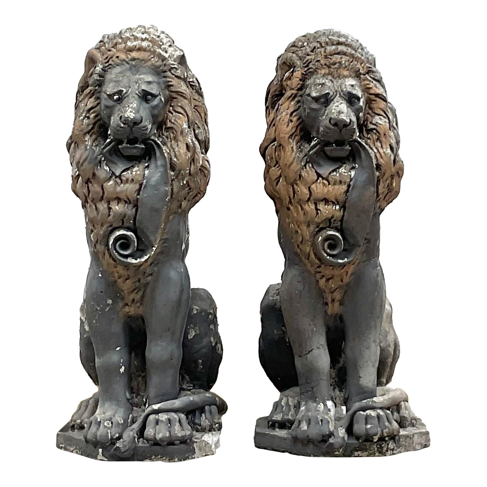 Vintage Boho Cast Concrete Lion Statues Pair USA Crafted: Vintage Boho Cast Concrete Lion Statues Pair USA Crafted Enhance your outdoor space with this exquisite pair of Vintage Boho Cast Concrete Lion Statues. Skillfully crafted in the USA, these statues fe