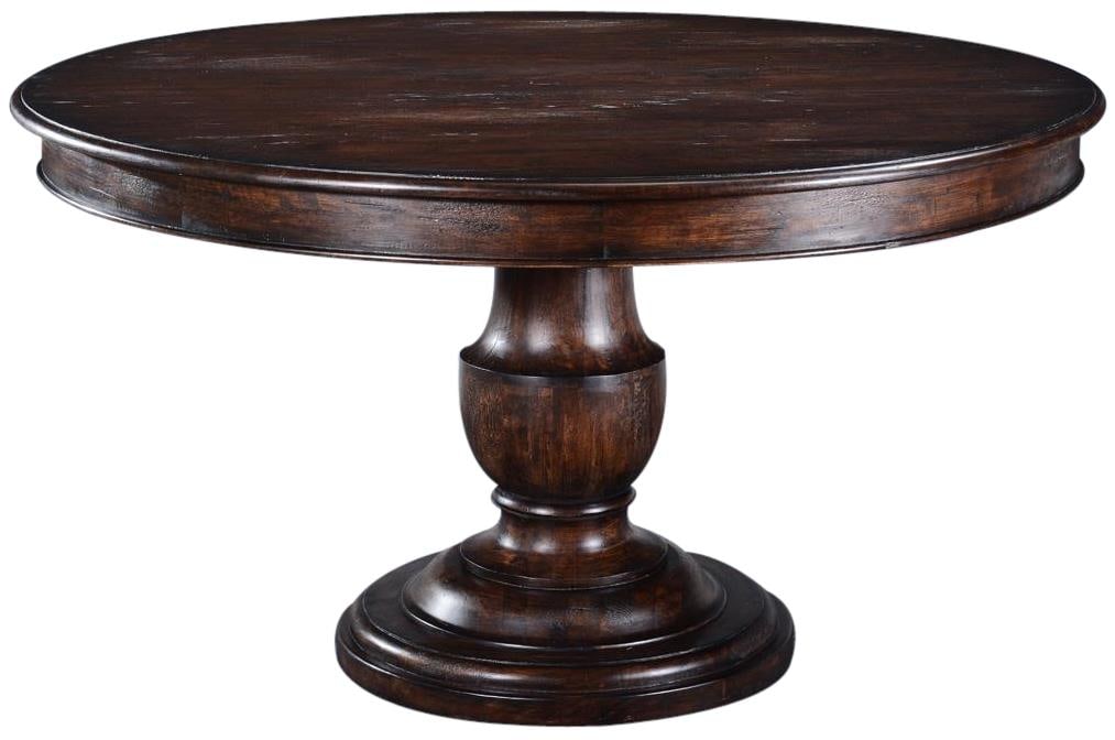 Scottsdale Round Pedestal Dining Table in Dark Rustic Pecan: Scottsdale Round Pedestal Dining Table in Dark Rustic Pecan Introducing the Elegant Old World Inspired Scottsdale Table, a beautiful piece that combines vintage charm with modern craftsmanship. This d