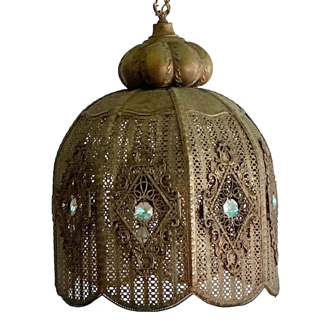 Vintage Moroccan Brass Filigree Dome Lantern 16x15.75x21.75: Vintage Moroccan Brass Filigree Dome Lantern 16x15.75x21.75 Transform your living space into an exotic oasis with this stunning vintage Moroccan-style hanging lantern. Handcrafted with incredible atte