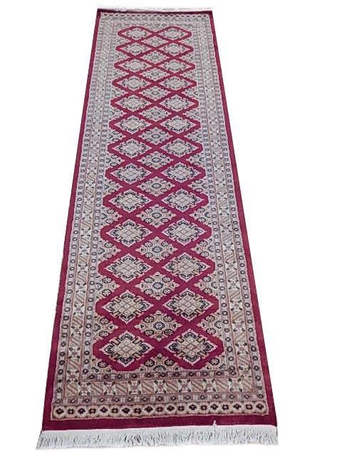 Handmade 2.8 x 8.2 Lipstick Red Jaldar Bokhara Rug 100% Wool: Handmade 2.8 x 8.2 Lipstick Red Jaldar Bokhara Rug 100% Wool Free continental US Shipping Enhance your living space with the striking Lipstick Red Handmade Jaldar Bokhara Rug, a perfect blend of tradi