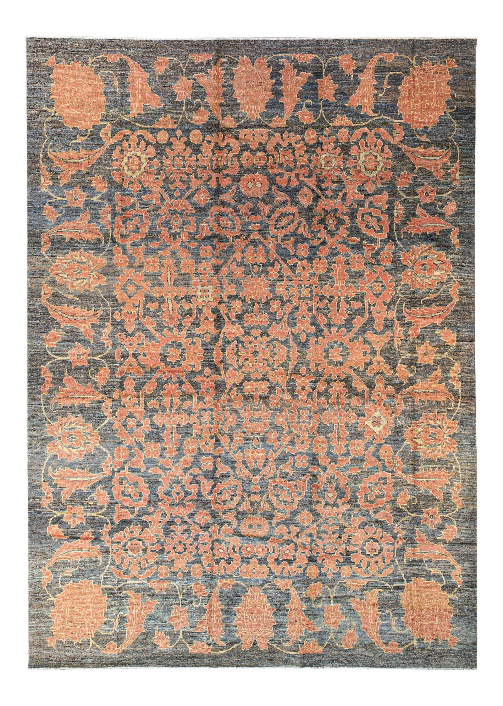 Stunning Modern Oushak Handmade Wool Rug Gray Orange Floral 12'1 x 16'10: Stunning Modern Oushak Handmade Wool Rug Gray Orange Floral 12'1 x 16'10 Enhance your space with this stunning modern Oushak hand-knotted wool rug, featuring a beautiful gray, blue, and brown gradient
