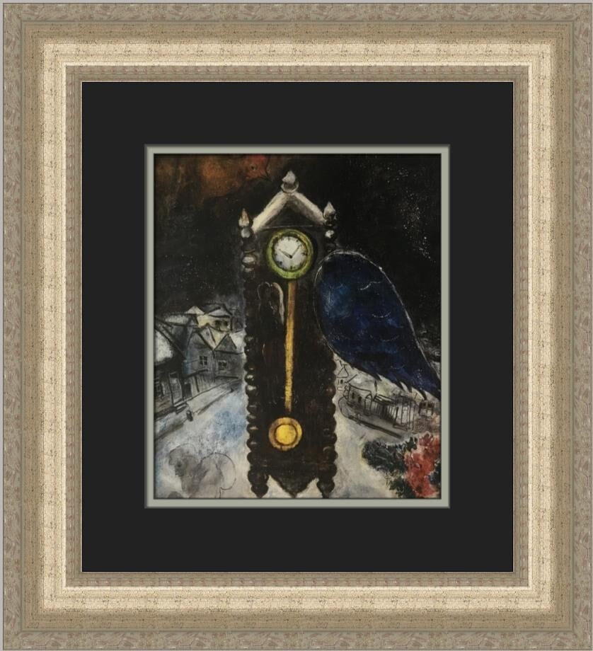 Marc Chagall A Wall Clock with a Blue Wing Framed Art Print: Marc Chagall A Wall Clock with a Blue Wing Framed Art Print This exquisite print titled "A Wall Clock with a Blue Wing" by renowned artist Marc Chagall showcases his distinctive figurative art style.