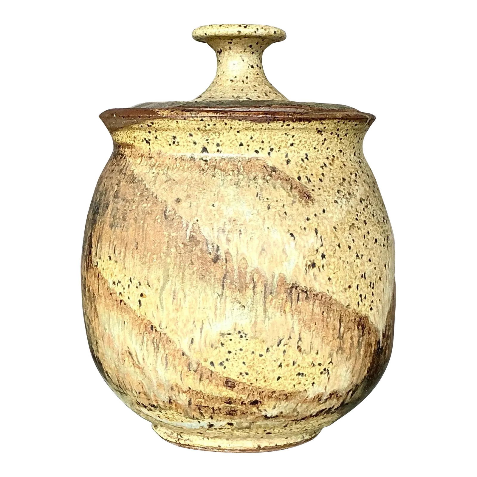Vintage Boho Signed Studio Pottery Lidded Urn 7.25x7.25x9.75 Light Yellow (1 of 9)