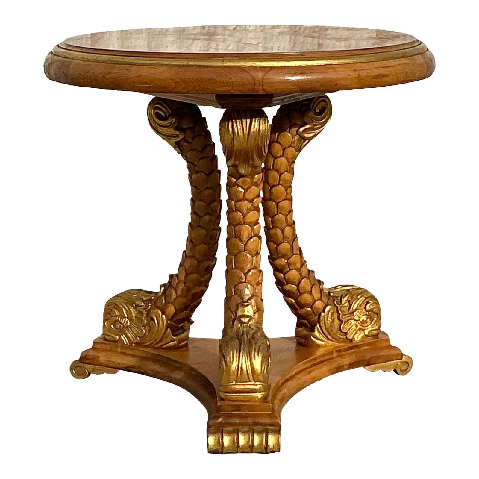 Vintage Regency Giltwood Koi Tabouret Table 31" Round: Vintage Regency Giltwood Koi Tabouret Table 31" Round Introducing a stunning Vintage Regency Gilt Tipped Koi Tabouret Table that exudes timeless elegance and intricate craftsmanship. This exquisite pi