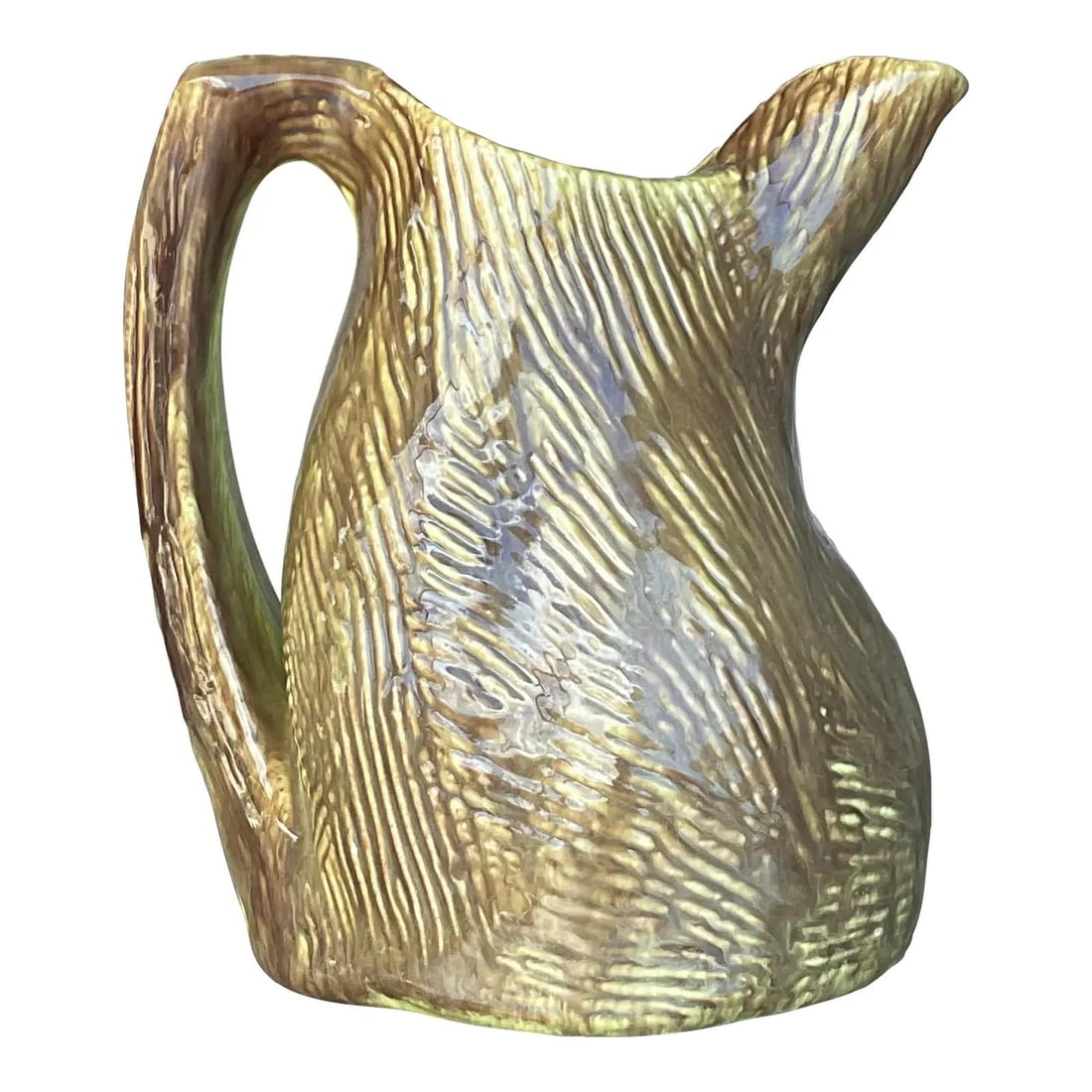 Handcrafted Studio Pottery Pitcher with Artist Signature and Glazed Finish: Handcrafted Studio Pottery Pitcher with Artist Signature and Glazed Finish This vintage Boho-style studio pottery pitcher features an artistic fusion of form and texture, highlighted by a beautifully