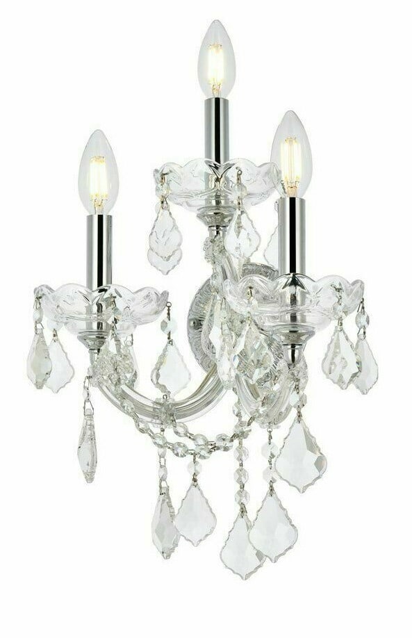 Elegant Maria Theresa 3 Light Chrome Wall Sconce with K9 Crystals: Elegant Maria Theresa 3 Light Chrome Wall Sconce with K9 Crystals Enhance your space with the Maria Theresa 3 Light Wall Sconce, featuring a stunning chrome finish and exquisite Grand King K9 crystals