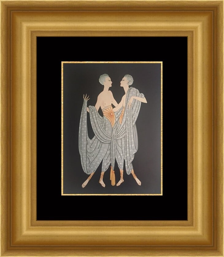 Erte Twins Art Deco Framed Print 21 x 18 in Nude Figures: Erte Twins Art Deco Framed Print 21 x 18 in Nude Figures Introducing the exquisite "Twins" custom framed print by the renowned artist Erte, a stunning representation of Art Deco style. This medium-siz