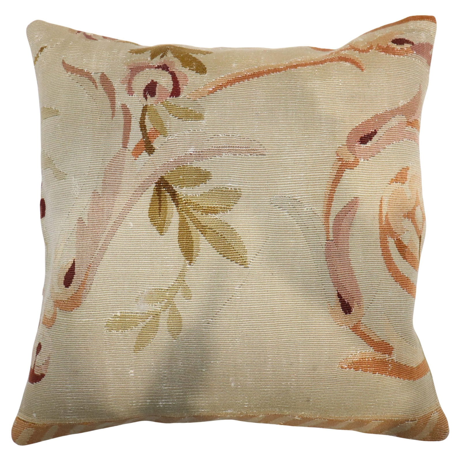 19th Century French Aubusson Ivory Pillow Authentic Decor: 19th Century French Aubusson Ivory Pillow Authentic Decor This exquisite 19th Century Ivory Antique French Aubusson Pillow is a unique piece crafted from a vintage Aubusson rug. The pillow showcases t