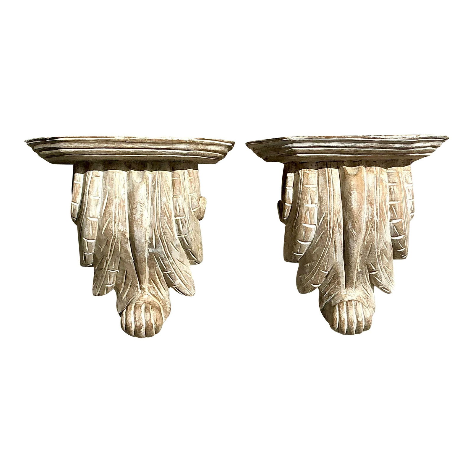 Vintage Boho Taupe Wood Brackets Pair Rustic Decor: Vintage Boho Taupe Wood Brackets Pair Rustic Decor Enhance your boho-inspired decor with this exquisite pair of vintage washed wood brackets. Showcasing a rustic, weathered finish, these brackets embo