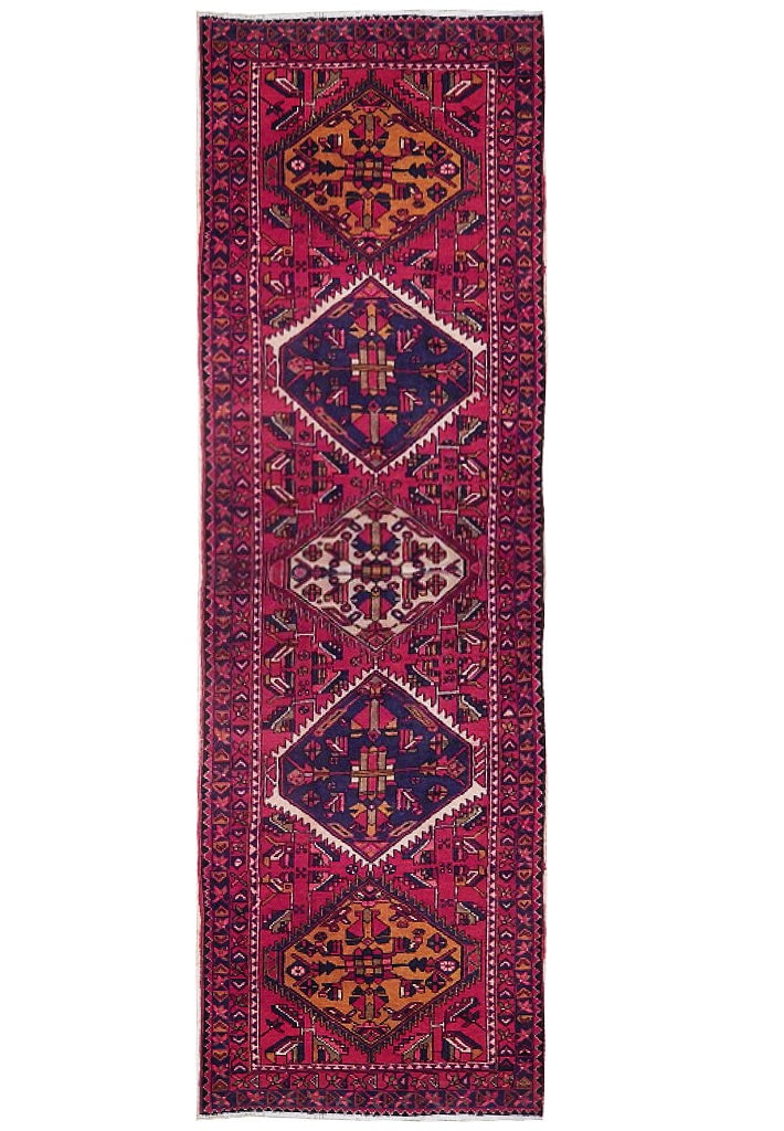 3.9 x 14.3 Hand-Knotted Maroon Persian Hamadan Runner: 3.9 x 14.3 Hand-Knotted Maroon Persian Hamadan Runner Free continental US Shipping Enhance your space with this exquisite Semi-Antique Persian Hamadan Runner, measuring 3' 9" x 14' 3". Handcrafted by