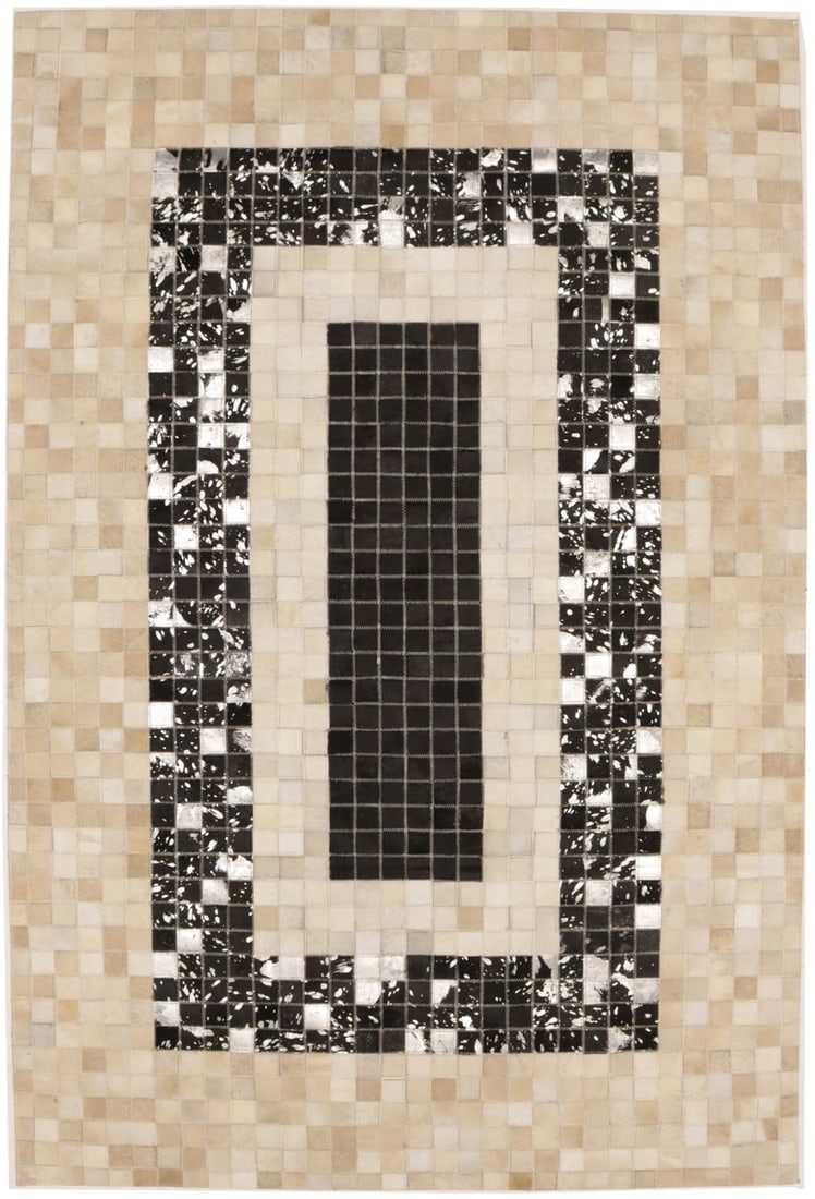 Hand-Stitched Black Beige Cowhide Leather Area Rug 4x6 ft Modern Geometric (1 of 18)