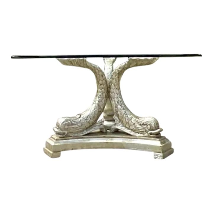 Vintage Mid 20th Century Regency Silver Leaf Koi Hall Table: Vintage Mid 20th Century Regency Silver Leaf Koi Hall Table Elevate your foyer with this stunning Mid 20th Century Vintage Regency Silver Leaf Koi Center Hall Table. Exuding American opulence and soph