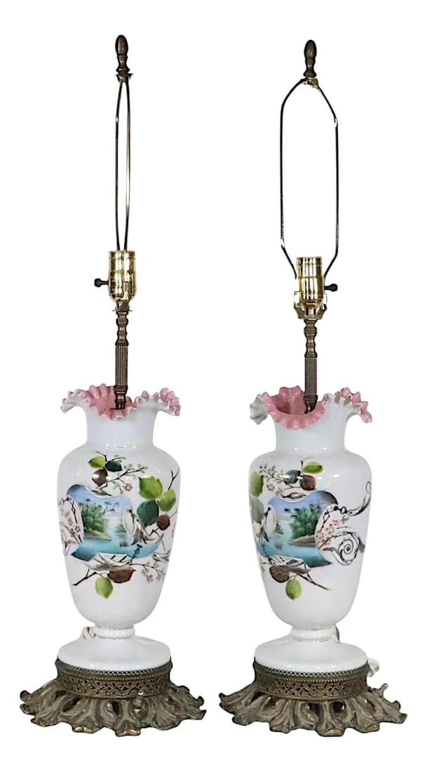 Antique Victorian Glass Vases Lamps Pair Aesthetic Movement Style: Antique Victorian Glass Vases Lamps Pair Aesthetic Movement Style Discover a charming pair of 19th Century Victorian glass vases, beautifully mounted as lamps. These exquisite pieces feature cased