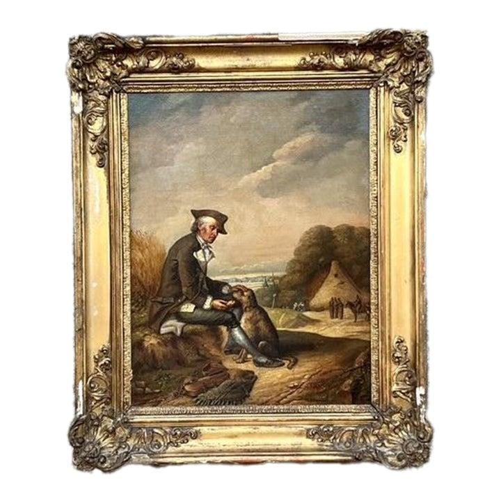 Vintage Regency Oil Painting of Gentleman with Dog in Gilt Frame: Vintage Regency Oil Painting of Gentleman with Dog in Gilt Frame Experience the pastoral charm of the Regency era with this exquisite original oil painting. It beautifully portrays a gentleman in a