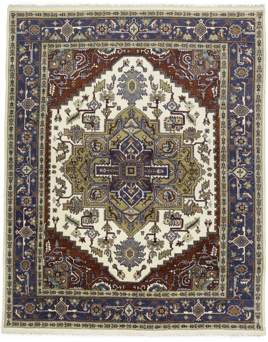 Hand-Knotted Wool Geometric Area Rug 7'9 x 9'8 Modern Tribal Design: Hand-Knotted Wool Geometric Area Rug 7'9 x 9'8 Modern Tribal Design This hand-knotted wool area rug features a geometric pattern in cream, purple-navy, rust, beige, burgundy, and light gray tones.