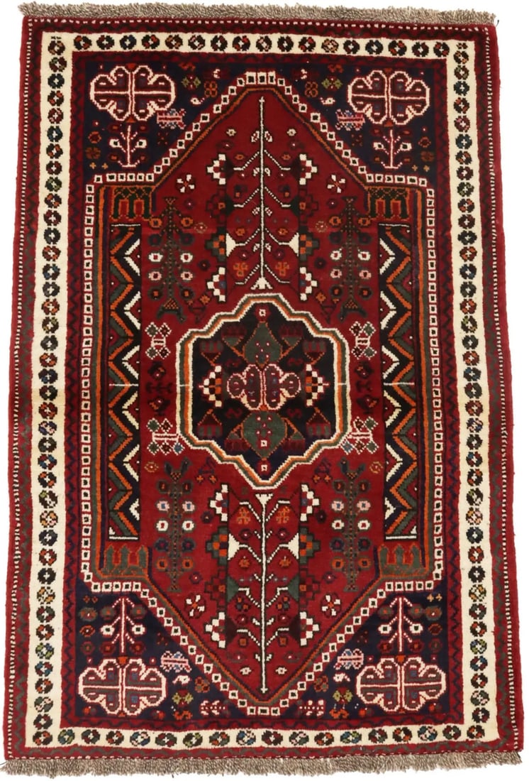 Hand-Knotted Red Tribal Wool Area Rug 3X5 ft Vintage Modern Style: Hand-Knotted Red Tribal Wool Area Rug 3X5 ft Vintage Modern Style Enhance your space with this stunning hand-knotted tribal oriental rug, showcasing a vibrant blend of red, cream, plum, gray, green, a