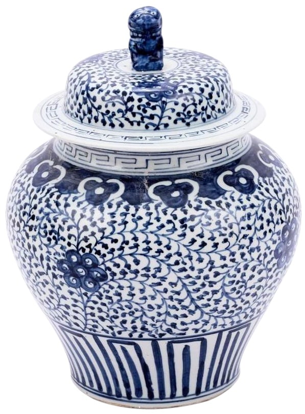 Chinoiserie Style Handmade Ceramic Jar Blue Curly Vine Design (1 of 2)